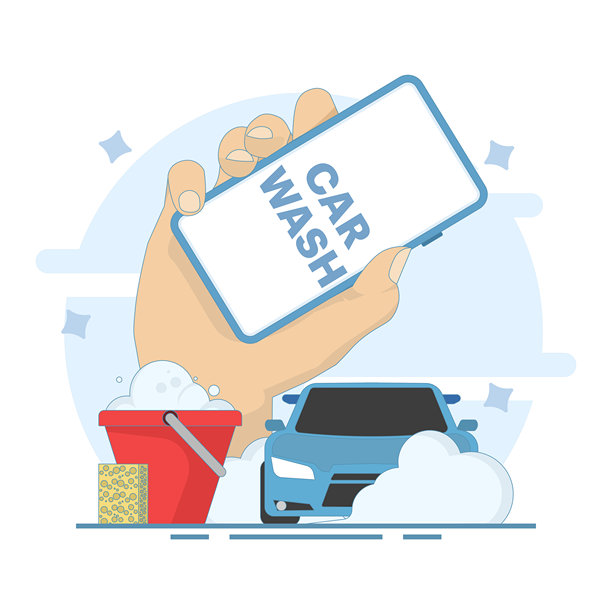 汽车洗车服务智能手机应用概念。用水和泡沫洗车。交通工具干净。扁平简约的卡通风格。背景上的矢量插图。图片下载