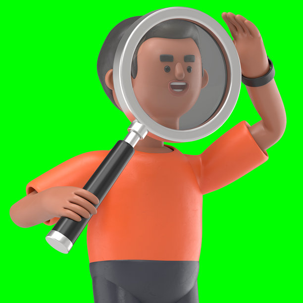 3D插图：英俊的非洲裔男性手持放大镜。商业分析，绿幕模型。3D渲染在绿幕上用于视频素材和抠图。图片下载