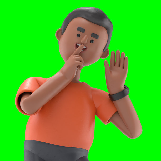 3D插图：英俊的非洲裔男子以偷听姿势站立。绿色屏幕模型。3D渲染在绿色屏幕上，用于视频素材和抠图。图片下载