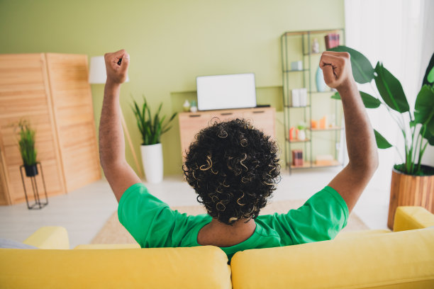 年轻男子在现代绿色室内公寓里看电视，举起拳头，穿着T恤，背影照片。图片下载