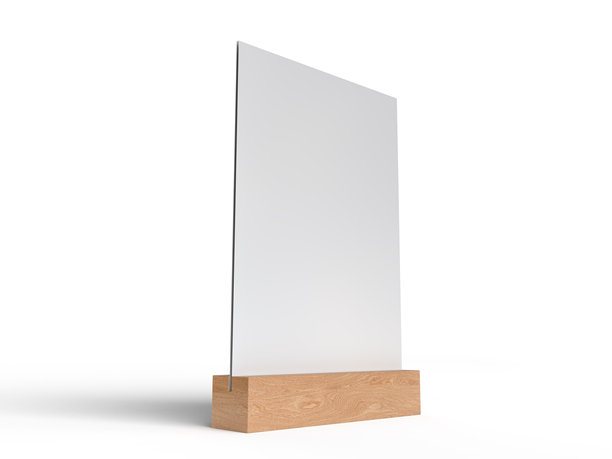 3D真实感桌面支架，带木质底座和白色纸质亚克力的桌牌模型。空白卡片架用于展示菜单标签、餐厅、咖啡馆、横幅、图片支架、标志架、广告。图片下载