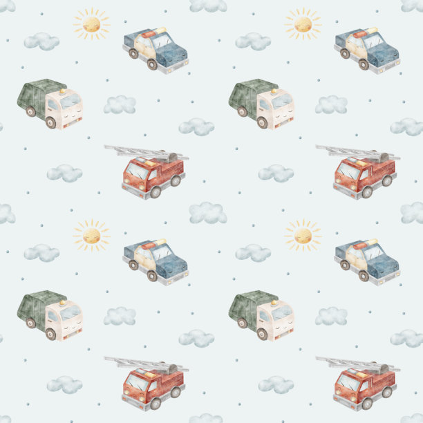 男孩的水彩汽车图案，阳光透过云朵。手绘插图，背景为蓝色粉彩，卡通风格。适用于儿童无缝印花、面料、婴儿服装、纺织品、包装和壁纸。图片下载