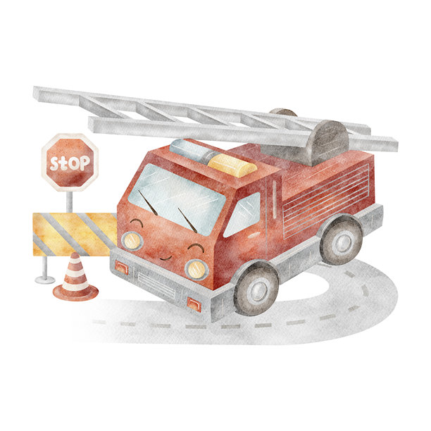 水彩插图，消防队，城市交通，男孩与汽车。由手绘的卡通风格组成的路标和高速公路，适用于儿童卡片、海报和婴儿服装设计的孤立背景。图片下载