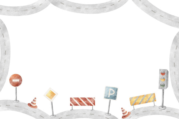 水彩框架的道路标志、交通灯、道路、指示牌、警告。儿童插图汽车信号。卡通风格的模板，用于邀请设计婴儿生日、男孩节日、驾驶课程。图片下载