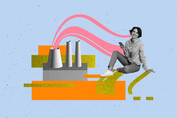 时尚杂志的合成照片拼贴，展示快乐的男孩女孩坐在污染的工厂烟囱旁，反映环境问题和二氧化碳排放。图片下载