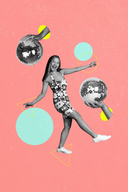 年轻女性穿着复古裙子在派对上跳舞、走路，手中握着迪斯科球，享受休闲周末的艺术作品，展现3D照片拼贴趋势。图片下载
