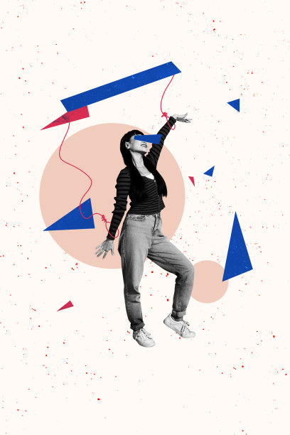 趋势复合素描模板 3D 照片拼贴，年轻女士站立，双手遮眼，手铐操控移动，微笑，几何图形留白图片下载