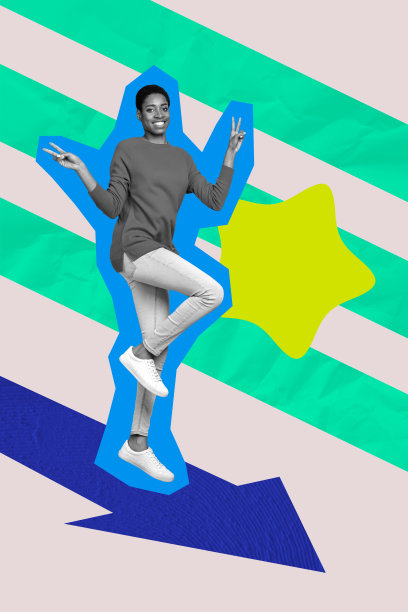 快乐的女商人与男商人走在一起的艺术图像，垂直照片拼贴，象征最佳评级、激励、箭头和职业发展。图片下载