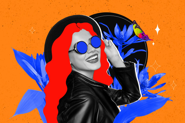 年轻女性使用洗发水和护发素产品的照片拼贴模板，发型师微笑着，手持太阳镜，展现快乐的气氛。图片下载