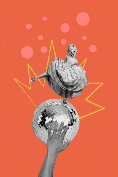 复合素描设计艺术作品，3D照片拼贴，周末夜总会娱乐场合，迪斯科球，穿着复古裙子的年轻女士，舞动着时尚的舞步。图片下载