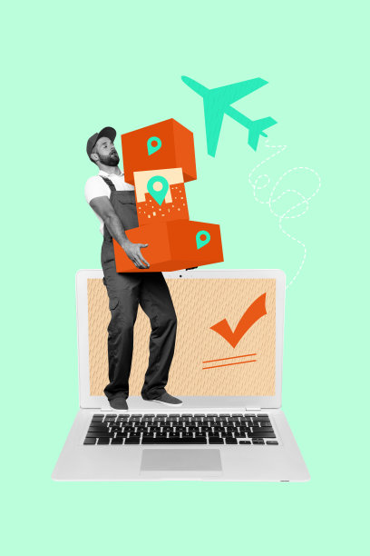 快乐的快递员手持箱子，勾选笔记本电脑设备，飞机，地理定位的竖版艺术照片拼贴。图片下载