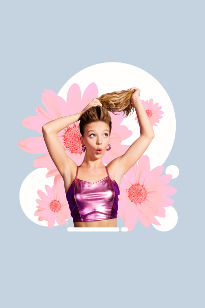 花卉植物盛开花束春季年轻女士复古风格手持尾部发型的艺术海报照片拼贴设计趋势图片下载