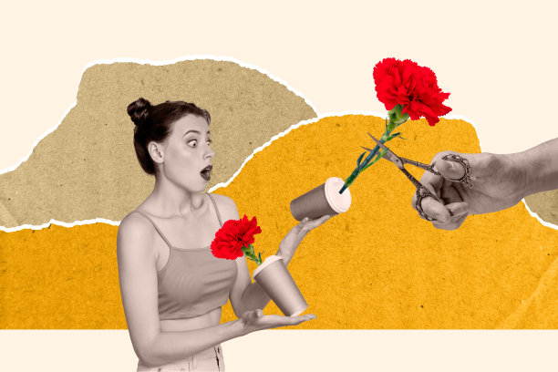 时尚的照片拼贴，展示了一位惊讶的女孩手持咖啡杯，周围是掉落的雏菊花瓣，手中拿着剪刀的花艺师，春季假日的氛围。图片下载