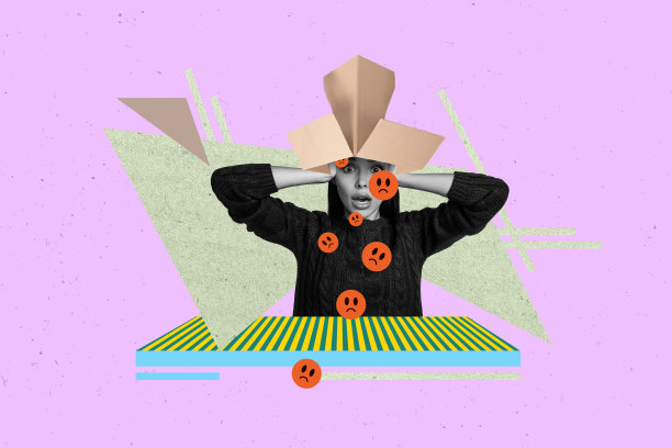 创意3D时尚照片拼贴，表现一个沮丧的女孩和男孩，穿着纸箱，带有坏情绪的笑脸，体现欺凌、压力、愤怒、仇恨和刻板印象。图片下载