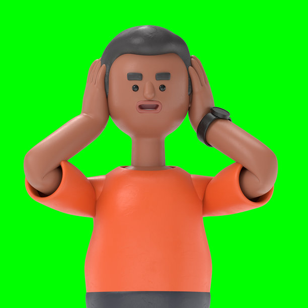 双手捂住耳朵。拒绝倾听的概念。捂住耳朵。3D插图，英俊的非洲裔男性大卫。3D渲染，绿色背景可用于视频素材和剪辑路径。图片下载