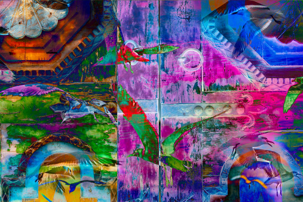 生动的照片拼贴，飞翔的海鸥与风化的纹理和建筑碎片融合在一起，展现出超现实的想象飞行。图片下载