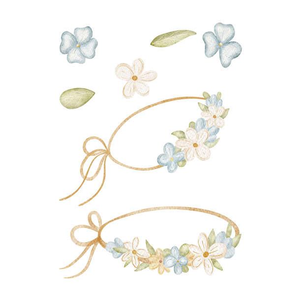 女孩头上的水彩插画花环，由蓝色和白色的野花及叶子组成。手绘孤立图形集，适用于卡片、海报、邀请函、生日、节日和儿童装饰的设计。图片下载
