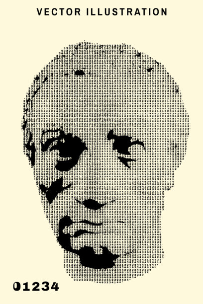 头部造型以数字0、1、2、3、4为主题。矢量插图。适用于海报、横幅、传单、封面、历史艺术作品、古代图像的数字图形。复古雕刻的加塔梅拉塔石膏头像。图片下载