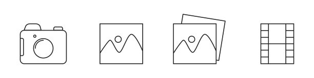 干净的线条图标，代表相机、照片和胶卷条，适合数字媒体和摄影相关主题。图片下载