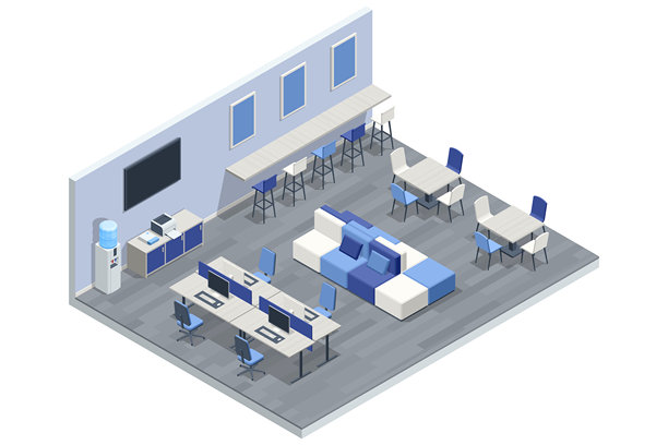 现代共享办公空间室内，配有工作站、会议桌和休息区。等距矢量插图。图片下载