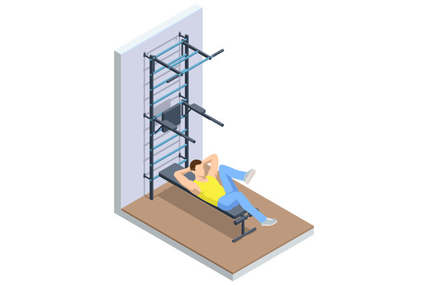 仰卧起坐。一个男人在靠近墙杆的健身凳上做自行车仰卧起坐的等距插图。腹部力量，核心训练，健身锻炼。运动生活方式，运动器材。图片下载