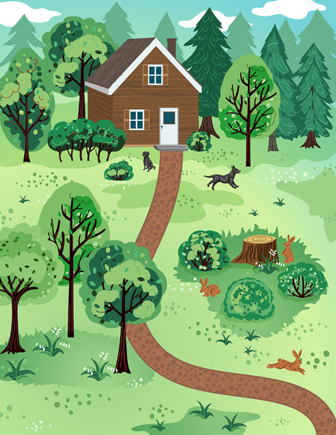 树林中的小屋，周围有树木和野生动物图片下载