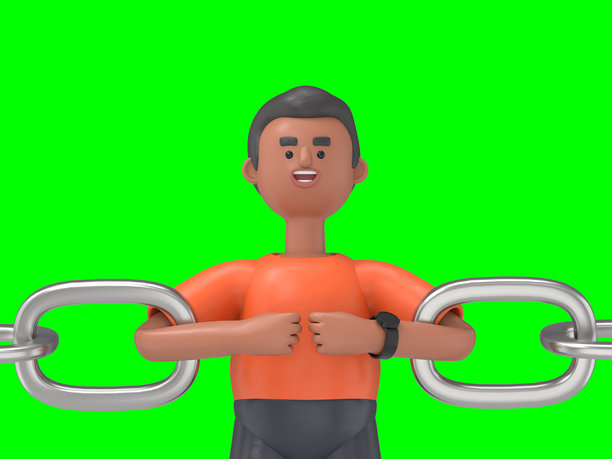 3D插图：英俊的男人大卫作为链条中的一环。绿幕模型。3D渲染在绿幕上，用于视频素材和抠图。图片下载