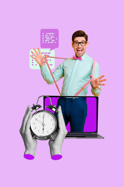 快乐商人透过笔记本电脑设备的竖版照片拼贴，手握闹钟，气泡中显示截止日期的对话。图片下载