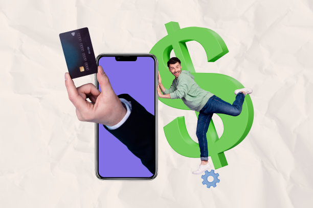 3D照片拼贴艺术草图，展示年轻男子微笑着手持智能手机和银行卡，进行在线银行交易，象征着货币、现金、财富和贸易。图片下载