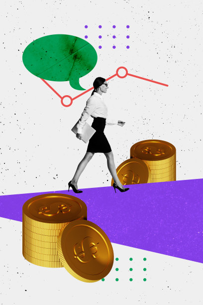 年轻女士穿着正式服装走路，手持笔记本电脑，谈论预算、财务、收入、储蓄和银行的照片拼贴艺术作品。图片下载