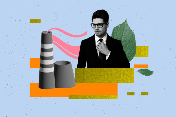 创意海报，充满艺术感的照片拼贴，困惑的女孩和男孩站在布料管道旁，空气污染排放与自然损害的概念图片下载