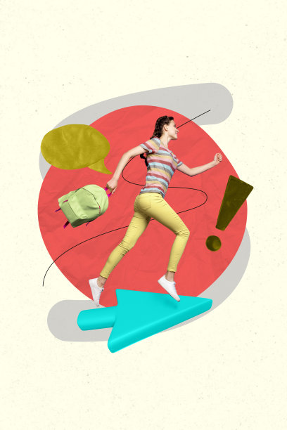 海报图像，垂直照片拼贴，快乐女孩，运行光标箭头，气泡沟通，谈话图标，感叹号图片下载