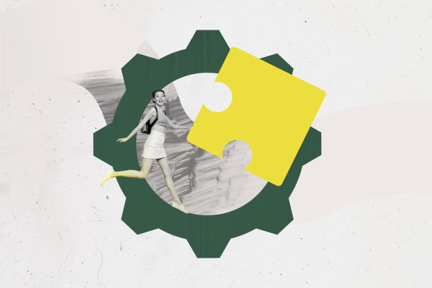 拼贴艺术照片模板，拼图块创意，思维启动，齿轮发展，年轻女士微笑奔跑图片下载