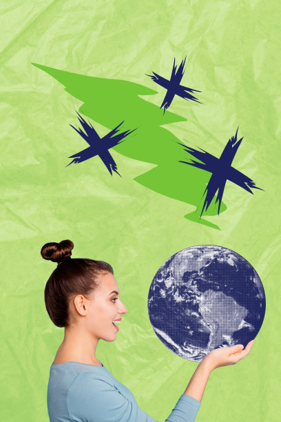 快乐女孩手持地球图标的全3D照片拼贴，环保活动家，保护旅游，迁移。图片下载