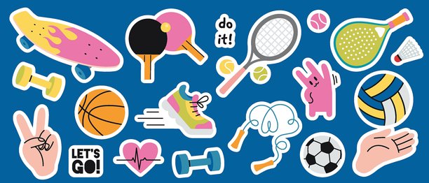 90年代风格的运动贴纸包，包含滑板、乒乓球、网球、帕德尔球拍、球、哑铃和激励名言。白色轮廓的模切设计。时尚的平面矢量插图。图片下载