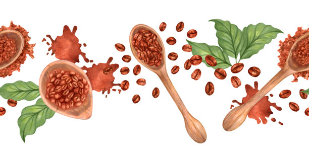 咖啡豆在木勺中的无缝边框，背景上散落着叶子、咖啡渣和溅出的咖啡痕迹。手绘的独立水彩插图。适用于包装、食谱和菜单。图片下载