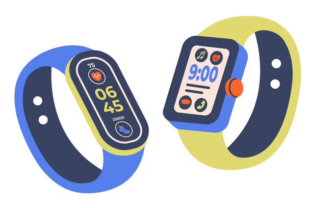 一组数字手表图标。独立的智能手表。时尚的数字腕带设备，适合日常使用、健康追踪和移动连接。智能手表俯视图。带有应用图标的数字手表。矢量图。图片下载