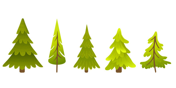 一组卡通松树。可爱的绿色松树以扁平风格呈现。适用于儿童设计、冬季装饰、游戏素材、森林场景和季节性插图的自然元素。图片下载