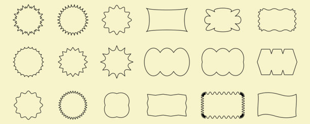 抽象波形贴纸。锯齿状波浪形框架。矢量抽象照片框和文本框。几何印章。手绘星星，设计元素，徽章，波浪线几何图形集。图片下载