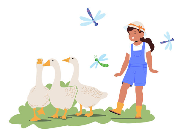 可爱的女孩卡通角色在乡村院子里与鹅玩耍，享受暑假时光图片下载