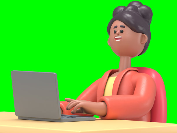 非洲裔美国女性Coco的3D插图，手持夹板。绿色屏幕模型。3D渲染在绿色屏幕上，用于视频素材和抠图。图片下载