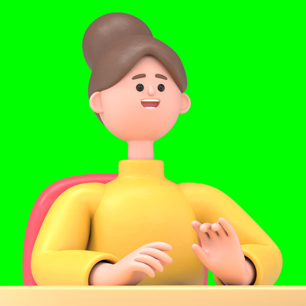 亚洲女性安吉拉分析市场趋势的3D插图。绿幕模型。3D渲染在绿幕上用于视频素材和抠图。图片下载