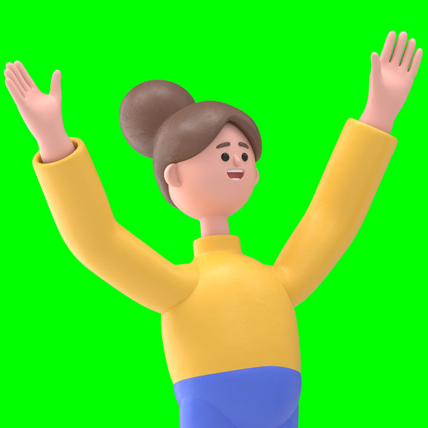 亚洲女性安吉拉的3D插图，做出胜利的握拳手势。强烈的绿幕模拟。3D渲染在绿幕上，适用于视频素材和抠图。图片下载