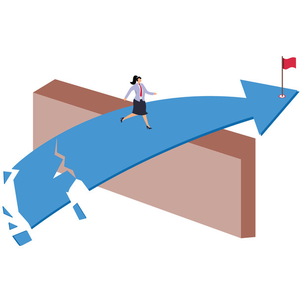 事业或职业道路崩溃，无法回头，投资亏损，经济、商业或股市崩溃，女商人沿着逐渐破碎的箭头奔跑图片下载