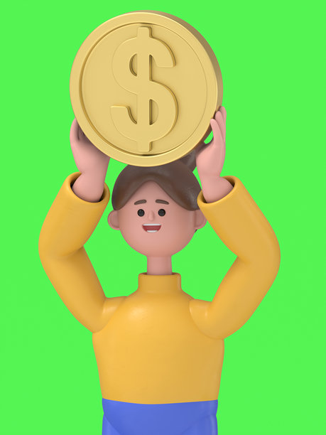 亚洲女性安吉拉手持金币的3D插图。绿色屏幕模型。3D渲染在绿色屏幕上，用于视频素材和抠图。图片下载