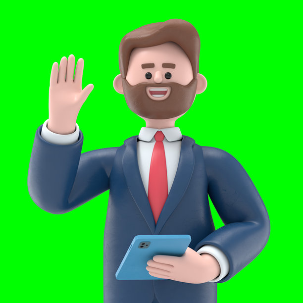 3D插图：留胡子的美国商人鲍勃在办公室庆祝成功，举手击掌。绿色背景的3D渲染，适合视频素材和抠图。图片下载