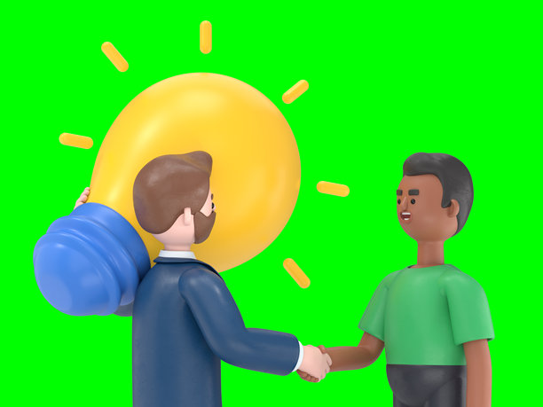 一个男人手握一个巨大的灯泡，与一个拿着公文包的商人握手。3D渲染，绿色背景用于视频素材和剪辑路径。图片下载