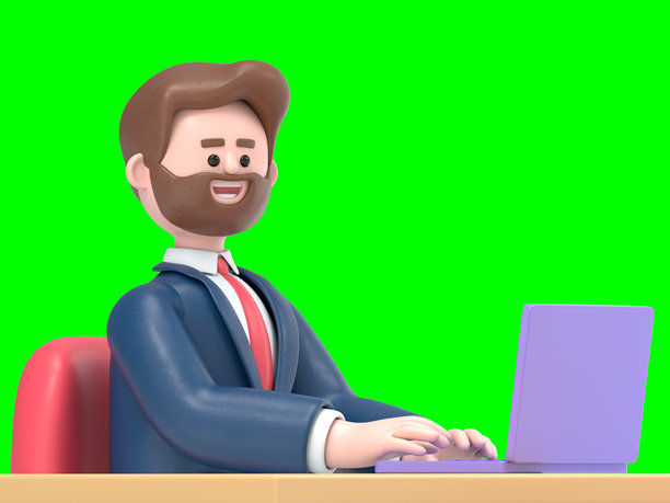 3D插图：留胡子的美国商人鲍勃坐在桌子旁，面前有一台笔记本电脑。绿色屏幕模型。3D渲染，适用于绿色屏幕的素材和剪辑路径。图片下载