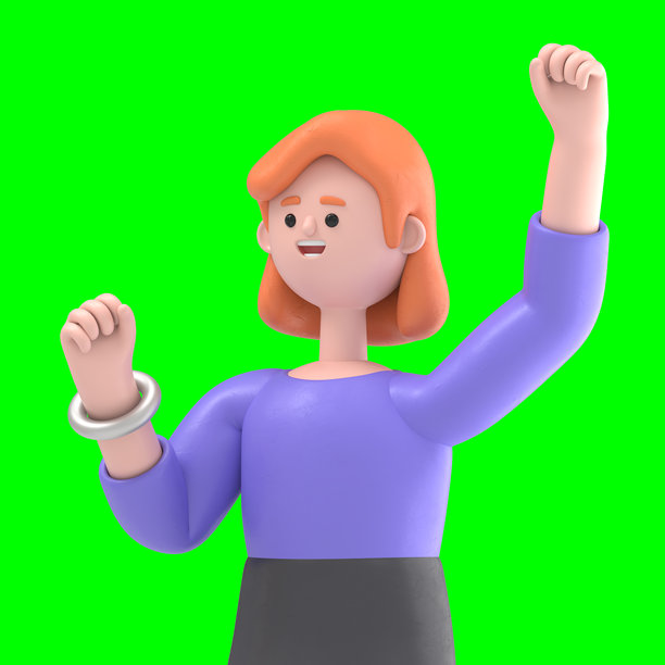 3D插图：欧洲女商人艾伦做出胜利的握拳手势。强烈的绿色屏幕模型。3D渲染在绿色屏幕上，适用于视频素材和抠图。图片下载