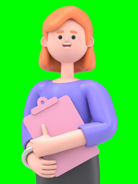 3D插图：欧洲女商人艾伦手持夹板和箱子。绿幕模型。3D渲染在绿幕上用于视频素材和抠图。图片下载